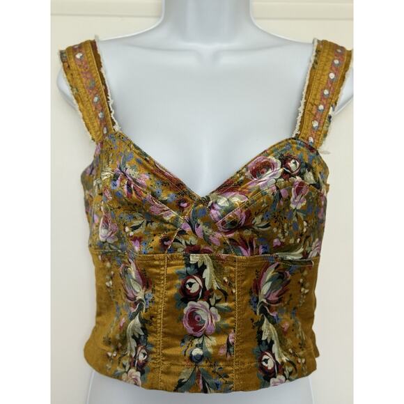 Anthropologie PILCRO Corset Seamed Floral Velvet Mustard‎ Tank Top Size 6 EUC - Picture 1 of 16